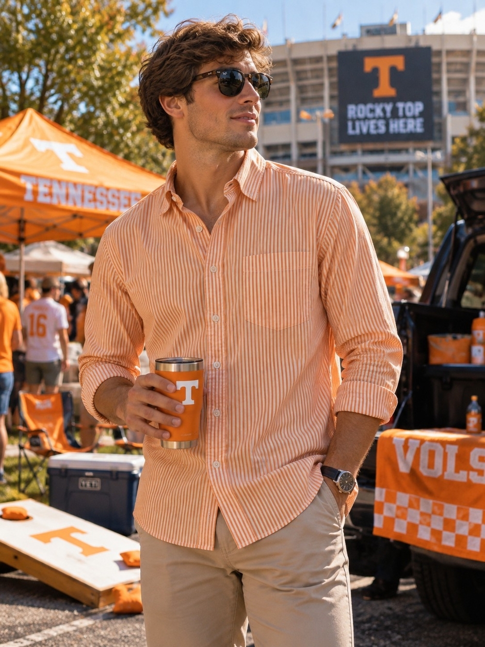 VINTAGE Orange White Stripe Button Down Tennessee Vols Game Day Castaways L Prep